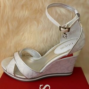 Guess white with silver trim open toe, ankle strap wedge sandals size 9.5M